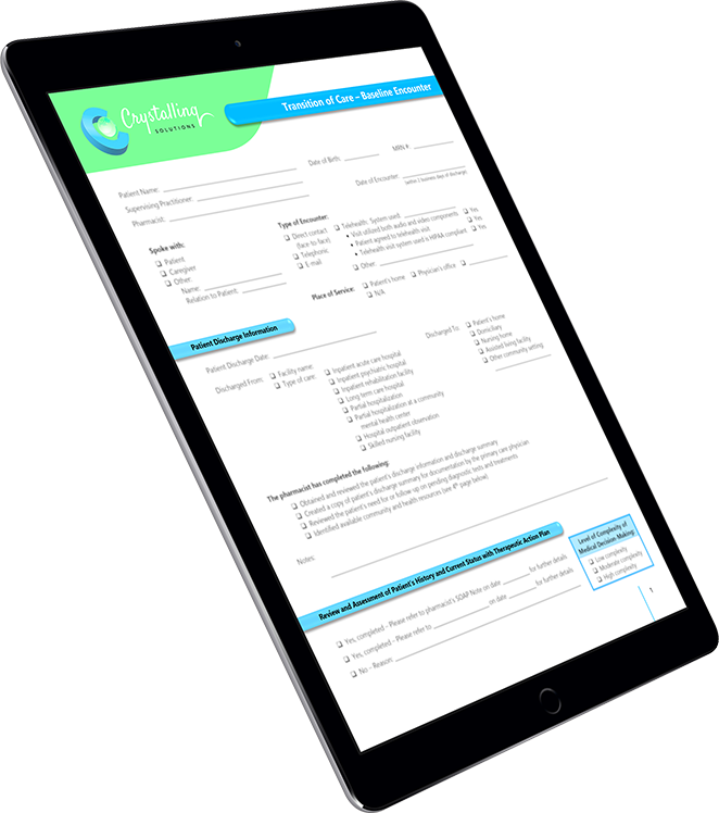 Tablet Mockup of Crystallinq Solutions CHF Transition of Care Form